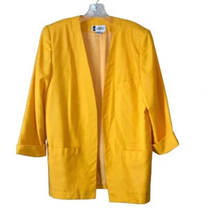 SK & CO | 80s 90s Yellow Linen Open Front Blazer Jacket Oversized Pockets Sz 12